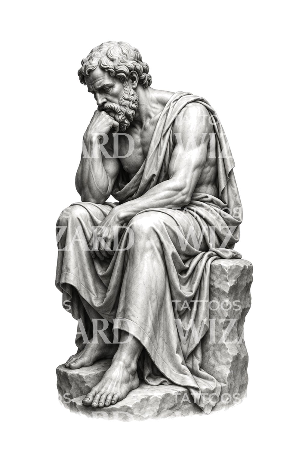 Tattoo-Illustration einer sitzenden griechischen Philosophenstatue