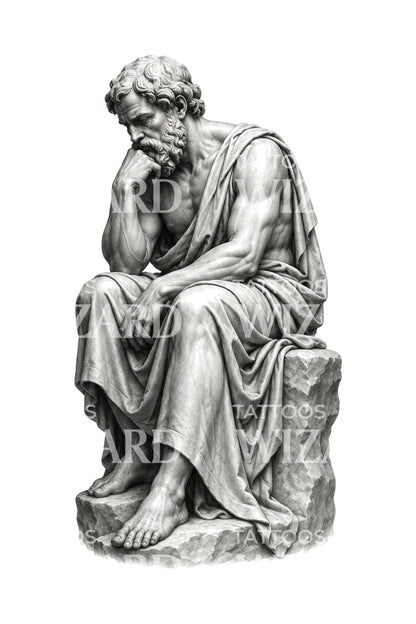 Tattoo-Illustration einer sitzenden griechischen Philosophenstatue