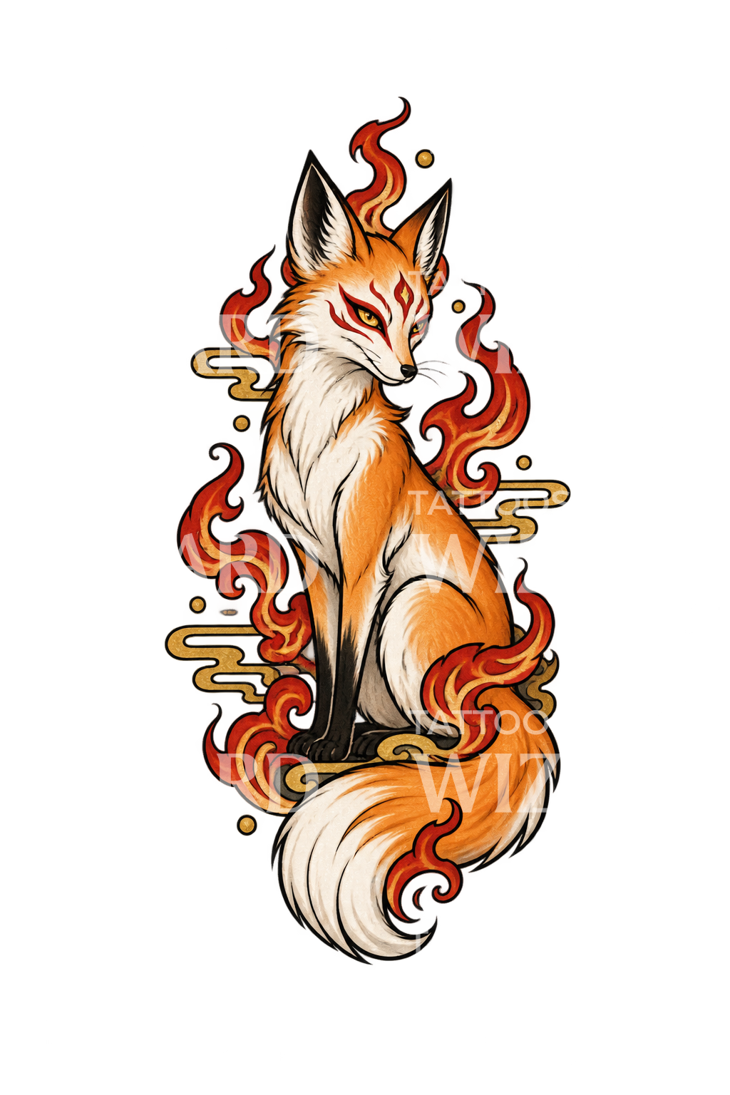 Seated Kitsune Fox Among Red Fire Tattoo Idea