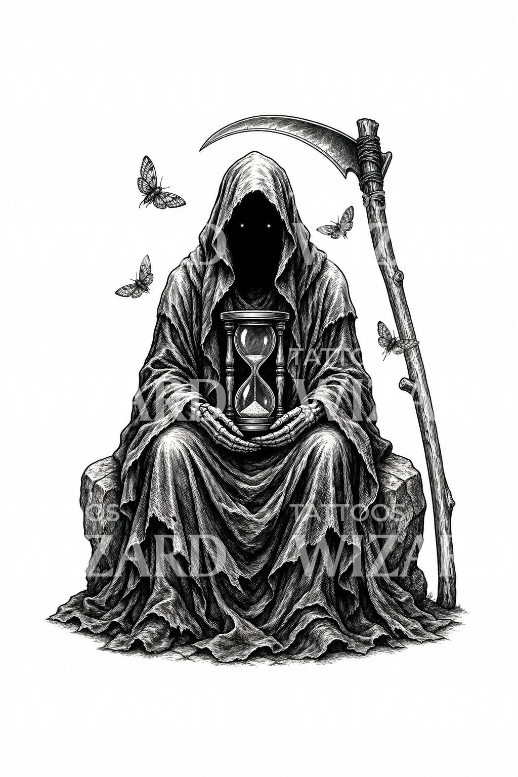 砂時計を持つ座った死神のタトゥー – Tattoos Wizard Designs