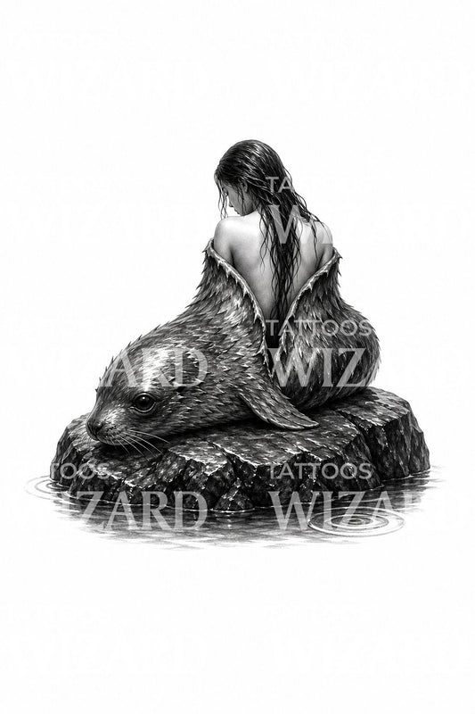 Design de tatuagem selkie de transformação em pele de foca