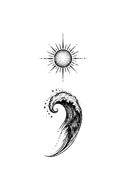 Semicolon Sun and Wave Fine Line Tattoo Design