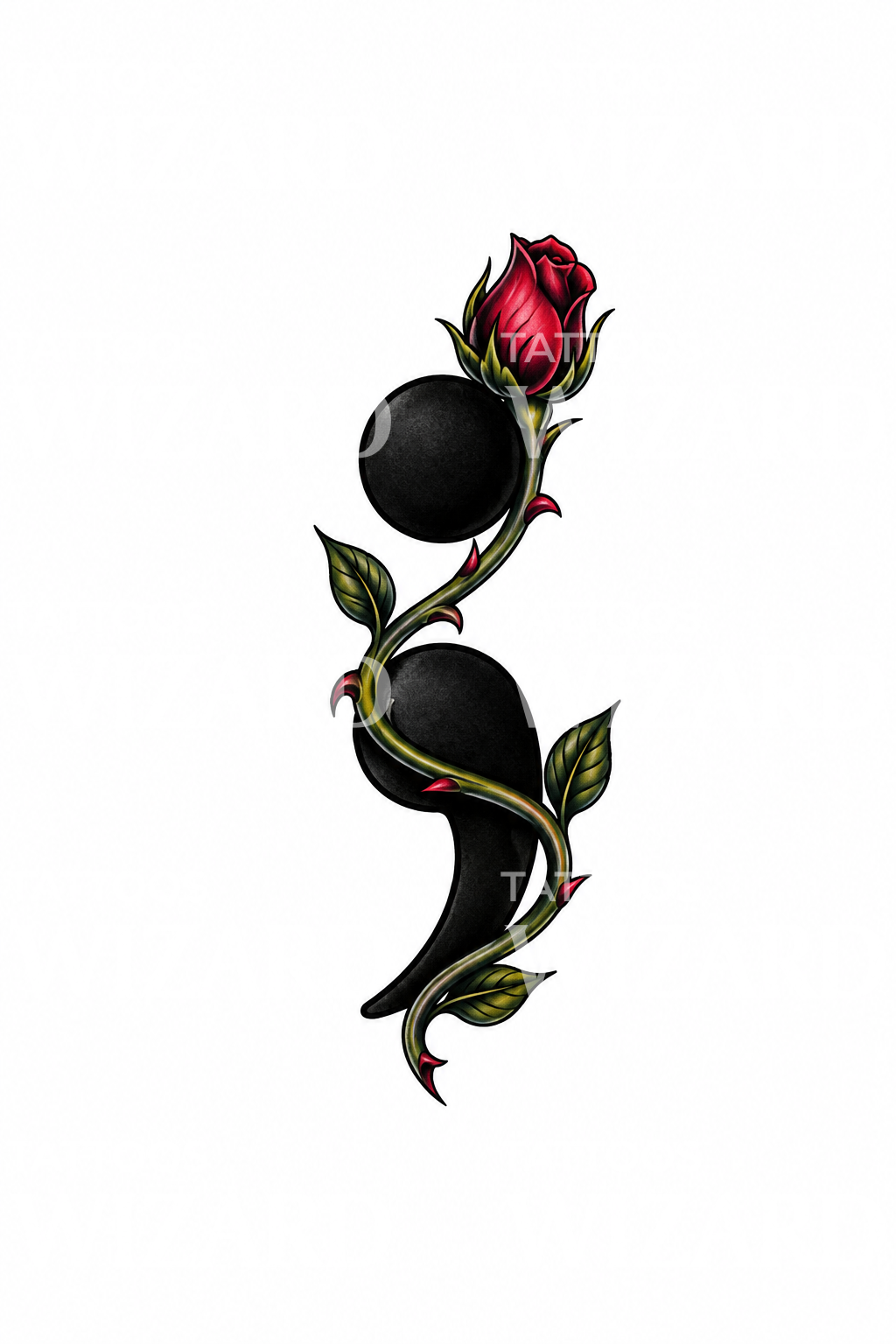 Neotraditionelt tatoveringsdesign med semikolon og rosestilk