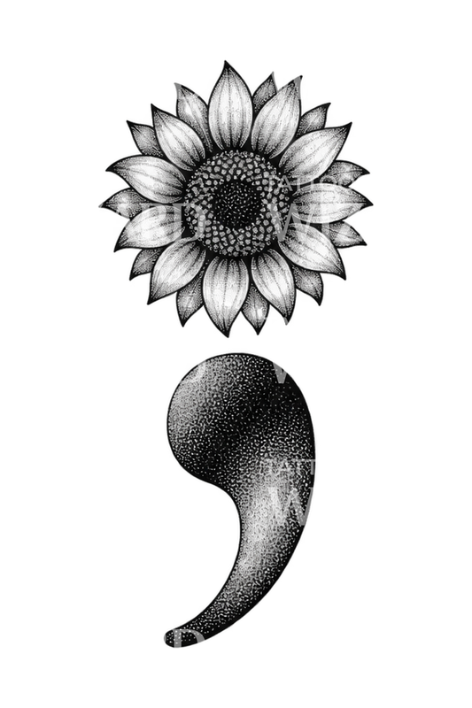 Tatuaggio punto e virgola con girasole in dotwork