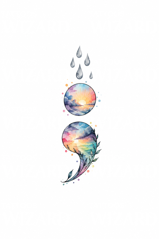 Waterverf-tatoeage van een puntkomma met zonsopkomst en regendruppels