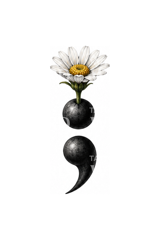 Tattoo-idee met puntkomma en kleine madelief