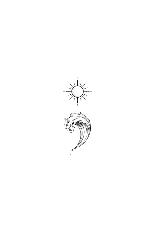 Semicolon with Tiny Sun and Ocean Wave Tattoo