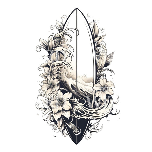 Surf Board Waves and Flowers Tattoo Design