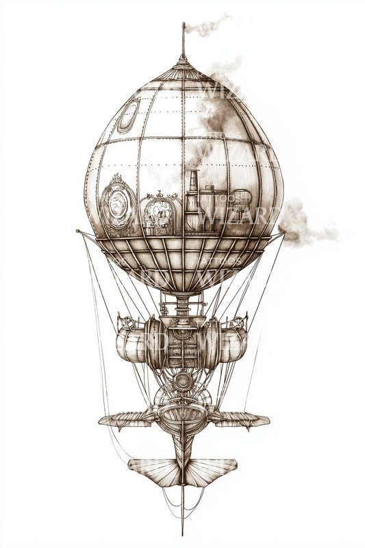 Sepia Balloon Ship Tattoo Design