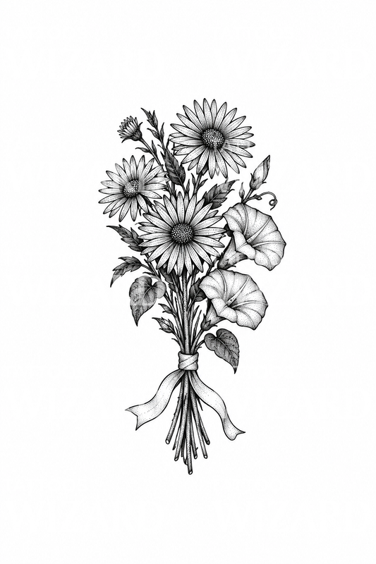 Septembergeboortebloem boekettattoo met aster en ochtendglorie