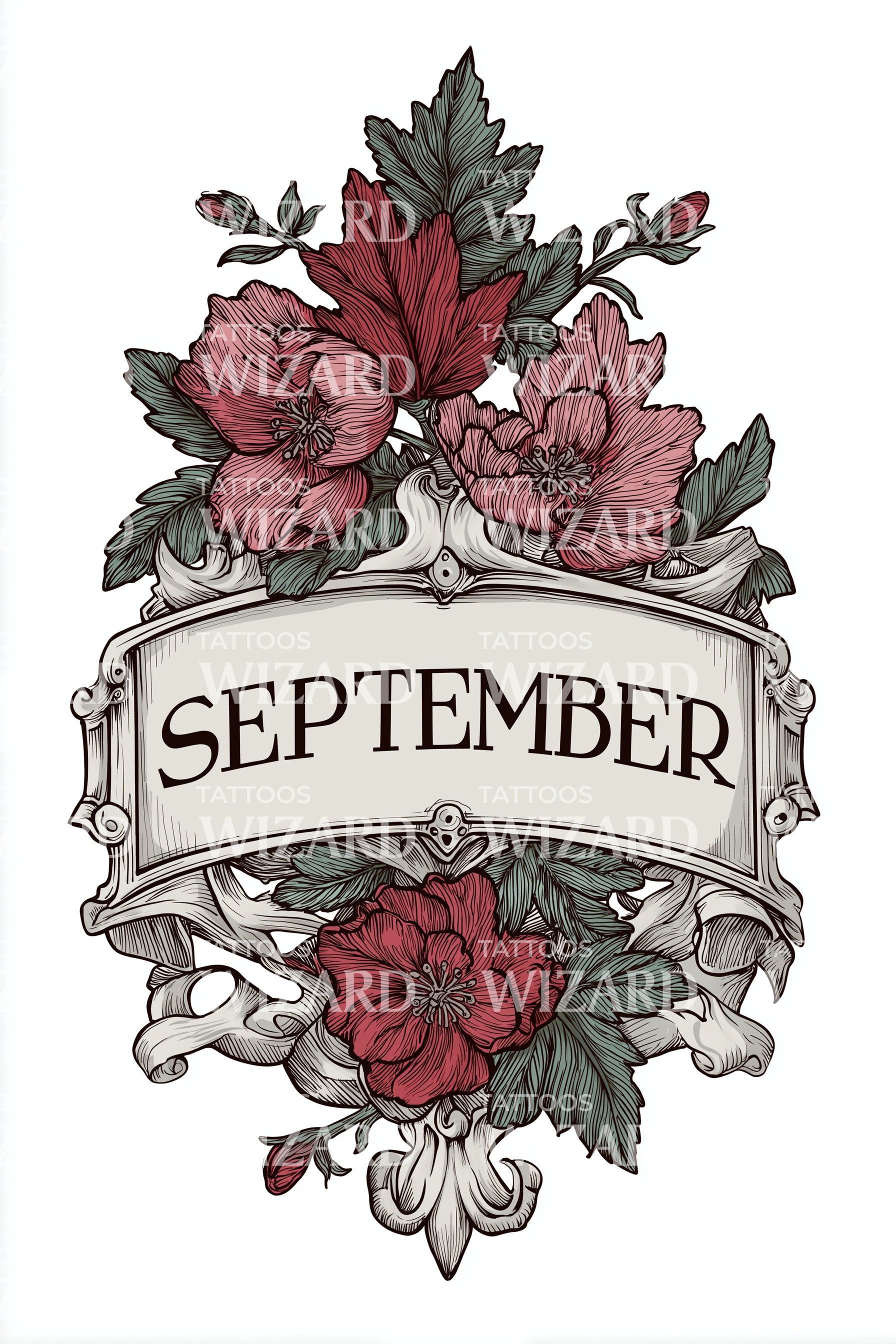 September Floral Banner Tattoo Design – Tattoos Wizard Designs