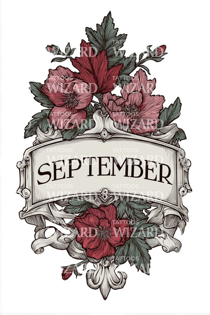 September Floral Banner Tattoo Design
