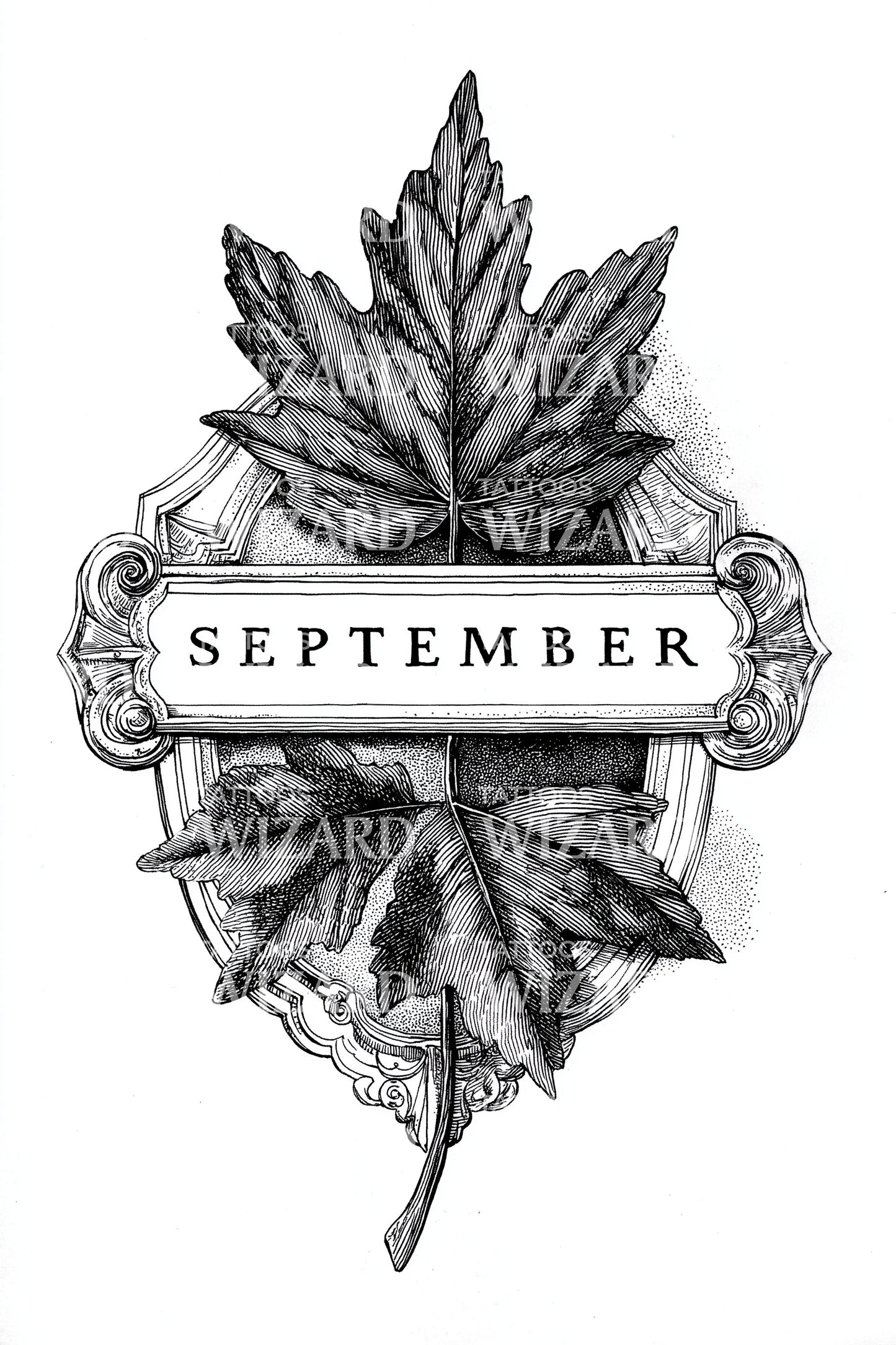 September Maple Leaf Emblem Tattoo Design
