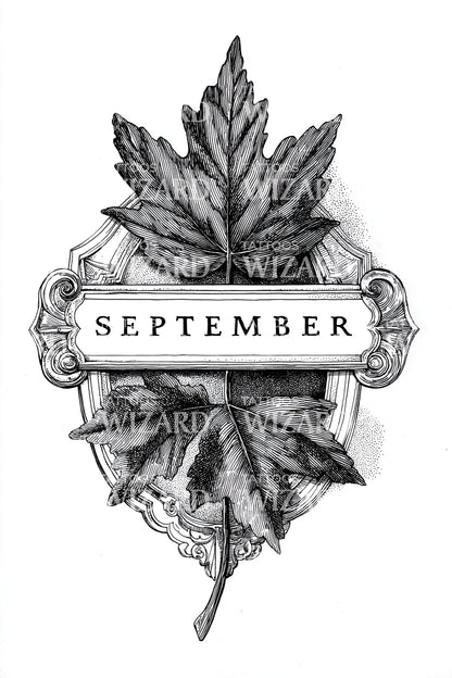 September Maple Leaf Emblem Tattoo Design