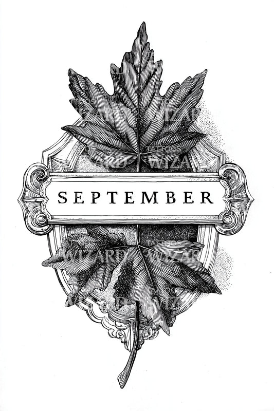 September Maple Leaf Emblem Tattoo Design