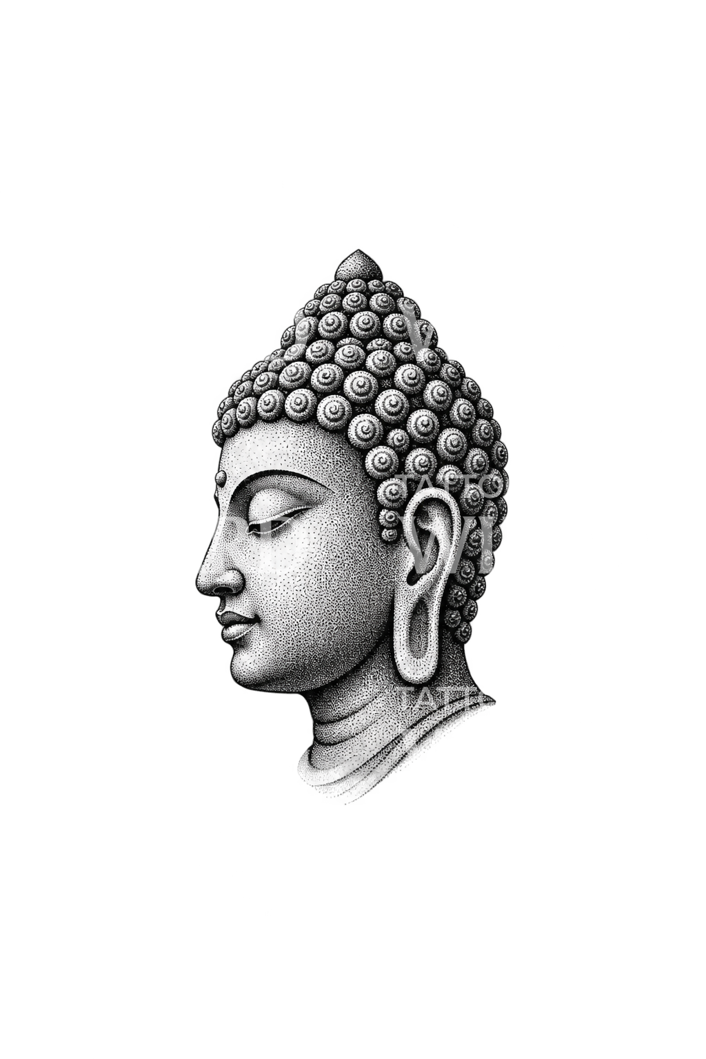 Ruhiger Buddha-Kopf im Profil als Dotwork-Tattoo