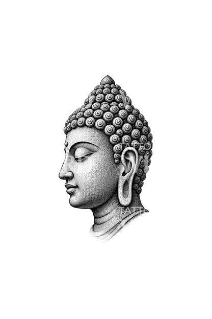 Ruhiger Buddha-Kopf im Profil als Dotwork-Tattoo