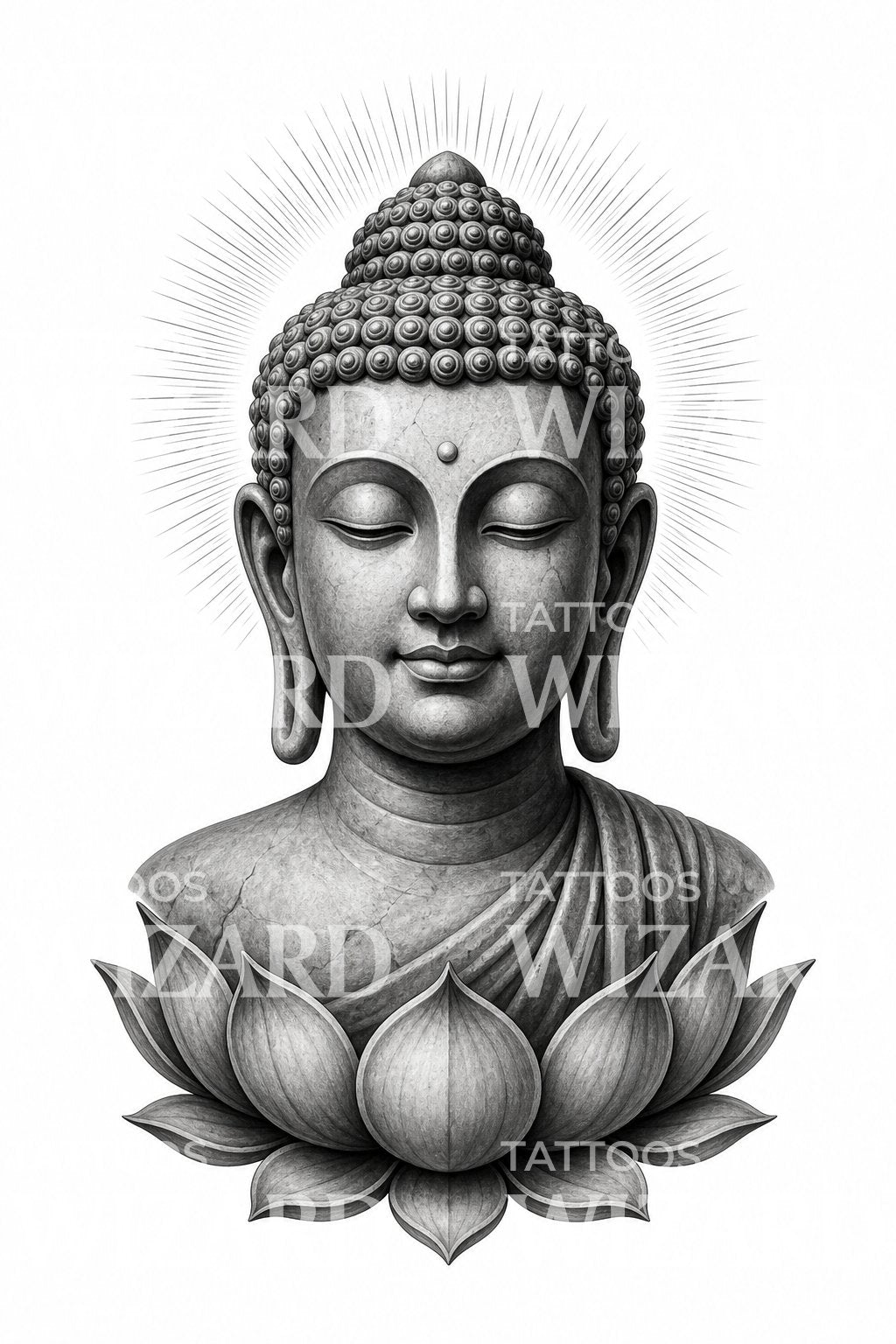 Klidný Buddha s lotosem v černošedém tetovacím designu