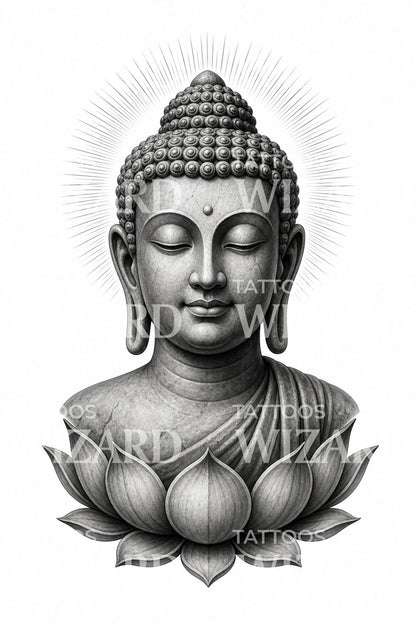 Klidný Buddha s lotosem v černošedém tetovacím designu