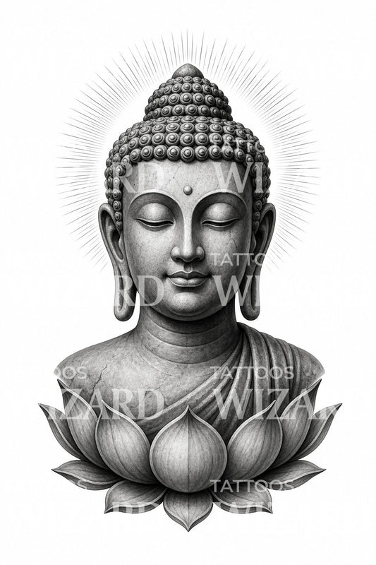 Design de tatouage Bouddha lotus serein en noir et gris