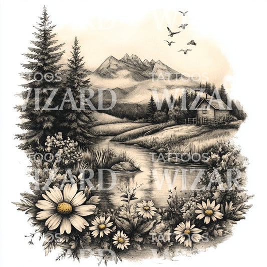 Serene Mountain Countryside Tattoo Idea