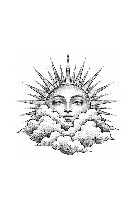 Serene Sun Behind Clouds Dotwork Tattoo Design