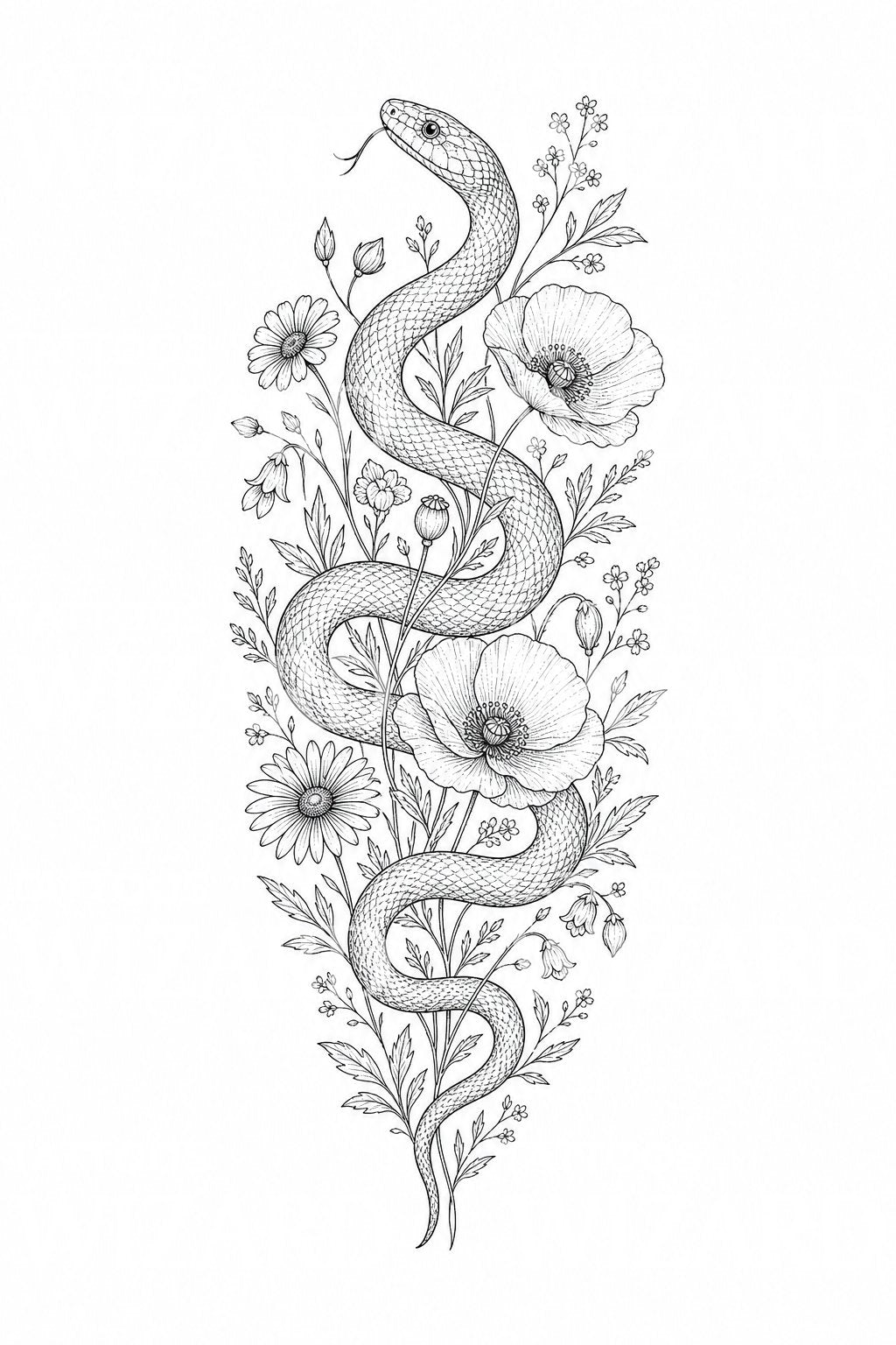 Tattoo-Design mit Schlange und Wildblumen