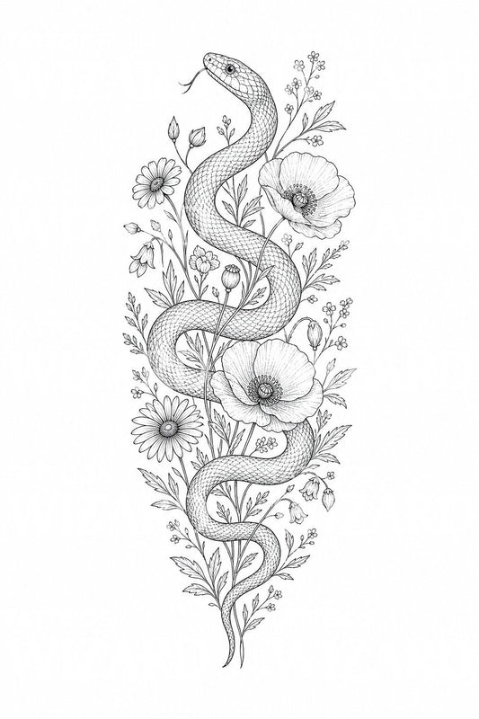 Tattoo-Design mit Schlange und Wildblumen