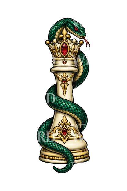Serpent Coiled Queen Chess Piece Tattoo Design