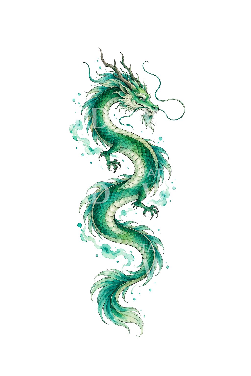 Ilustrasi Tato Naga Serpentin Hijau Toska yang Terbang dalam Gaya Cat Air