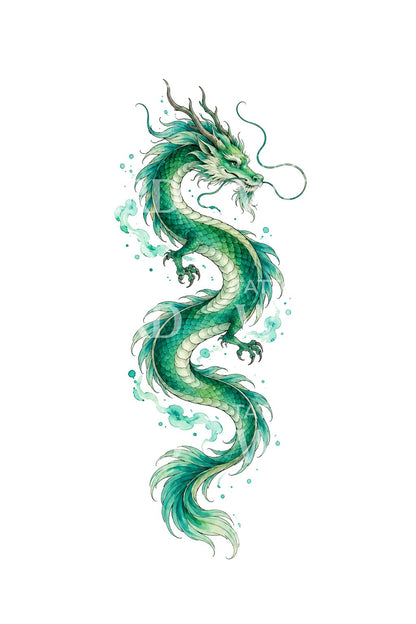 Ilustrasi Tato Naga Serpentin Hijau Toska yang Terbang dalam Gaya Cat Air