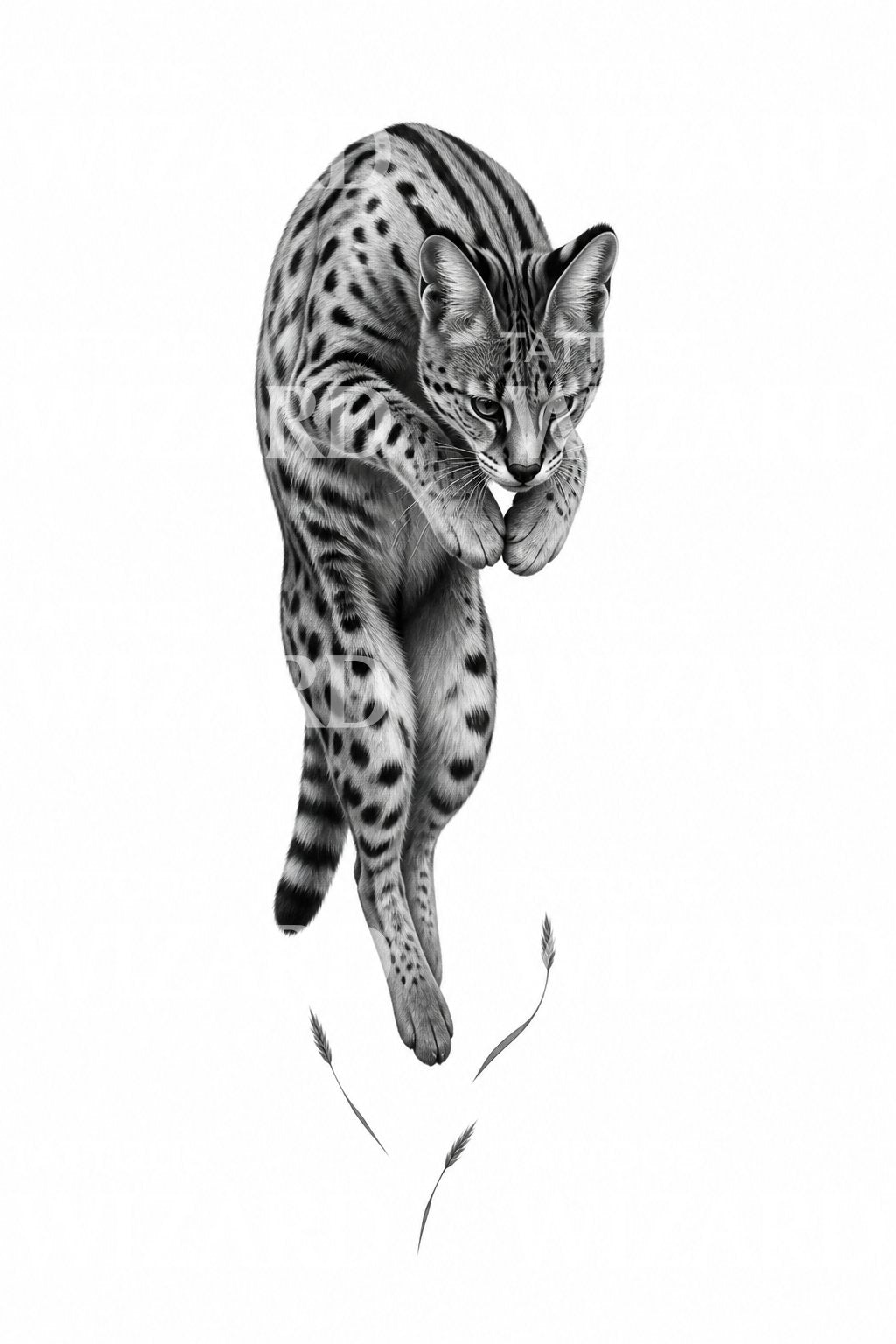 Ilustrace tetování servala uprostřed výskoku