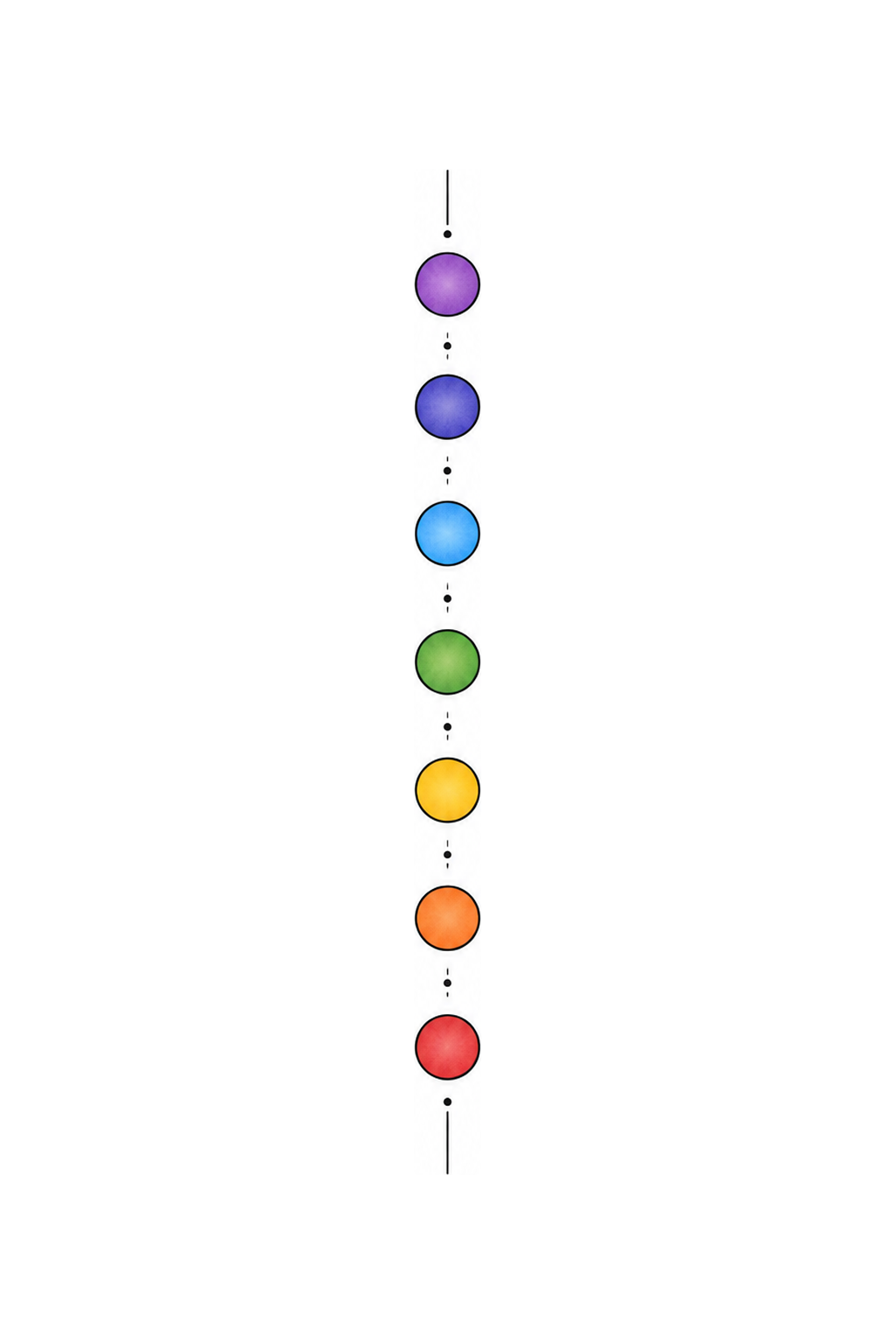 Minimalistisk tatovering med syv chakraprikker langs ryggraden