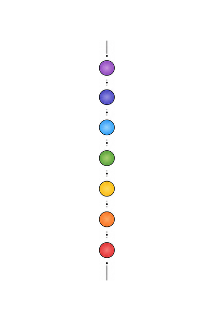 Minimalistisk tatovering med syv chakraprikker langs ryggraden