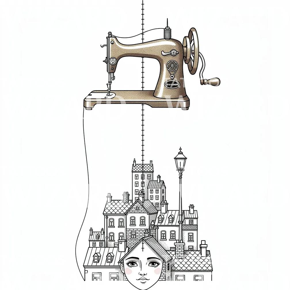 Sewing Machine Cityscape Tattoo Illustration