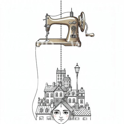 Sewing Machine Cityscape Tattoo Illustration