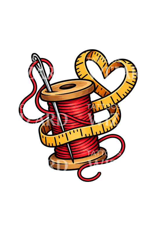 Sewing Spool and Tape Heart Tattoo Design