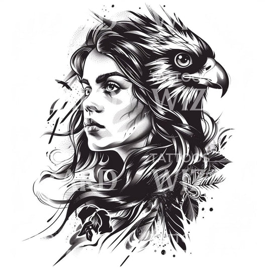 Half Eagle Woman Portrait Tattoo Design