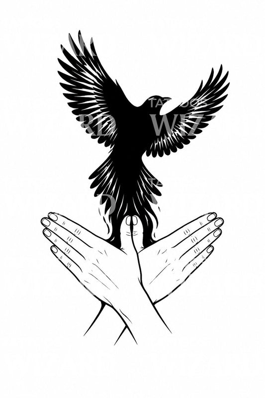 Diseño de tatuaje de pájaro de sombras con manos