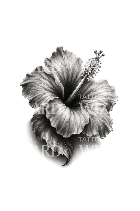 Svartgrå tatueringsillustration av en skuggad hibiskus