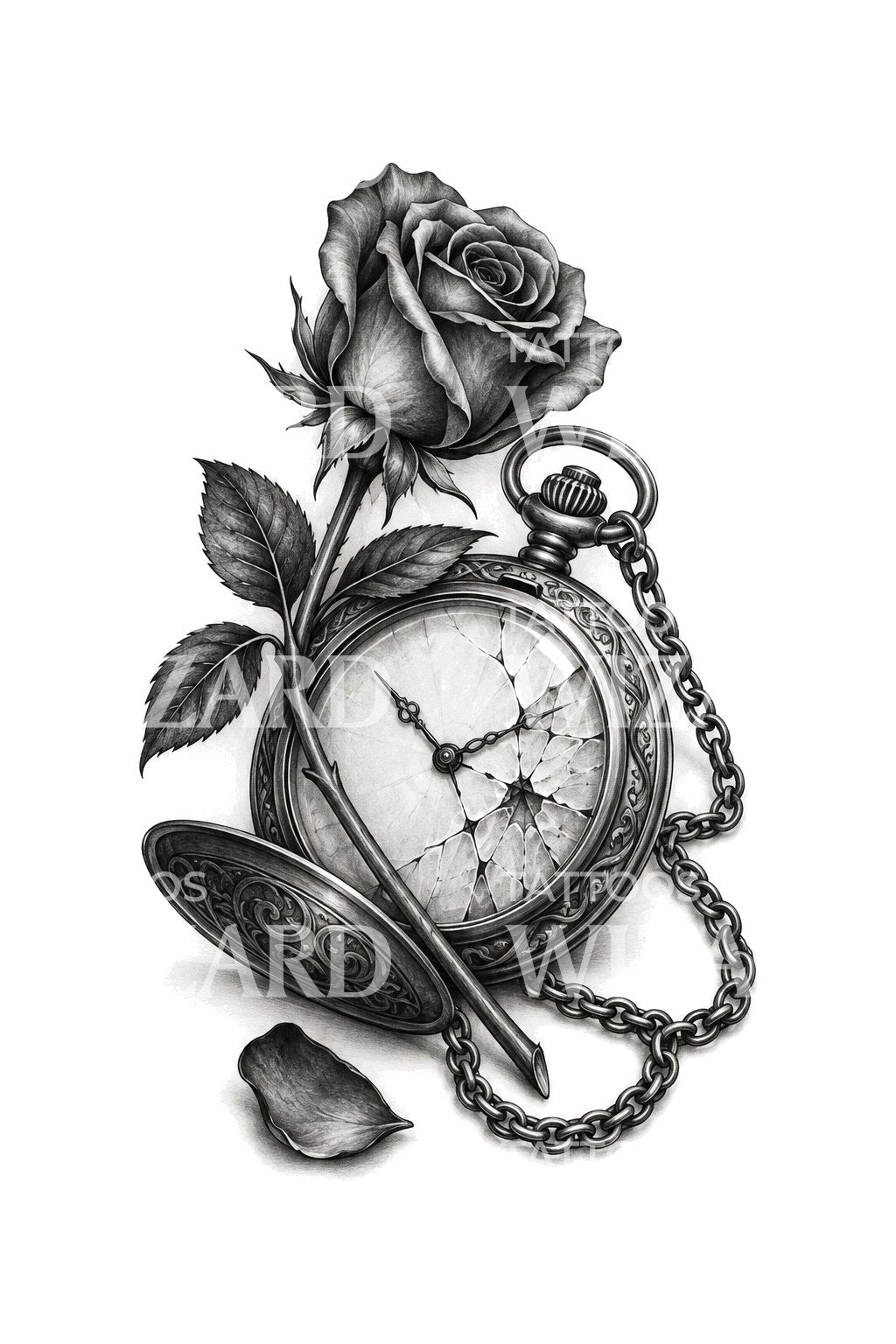 Diseño de tatuaje de reloj de bolsillo roto con rosa de tallo largo