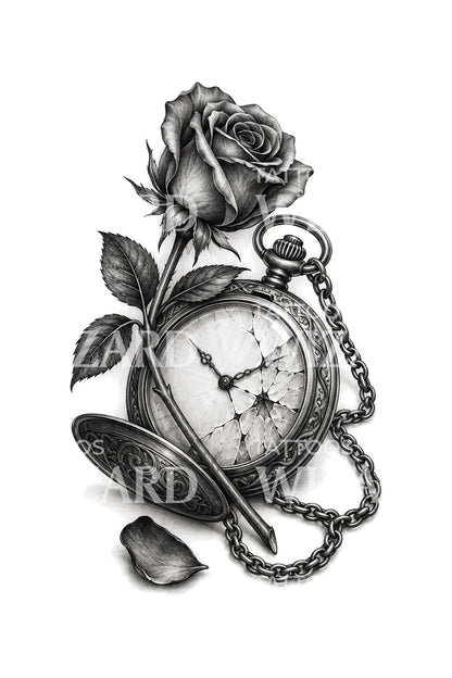 Diseño de tatuaje de reloj de bolsillo roto con rosa de tallo largo
