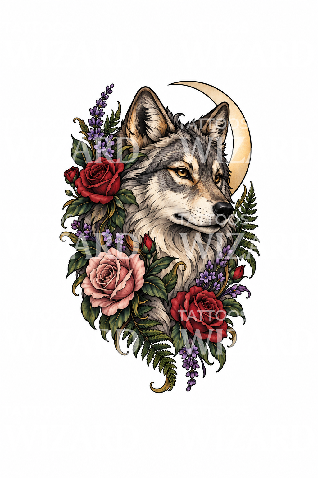 Tatuaggio di lupa con rose e luna