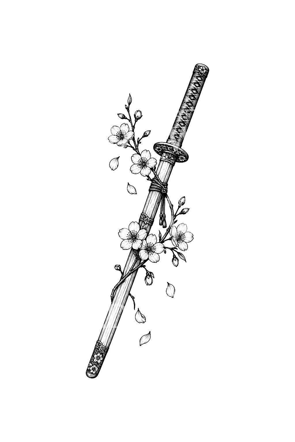 Tattoo-idee met katana in schede en kersenbloesem