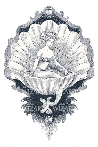 Design Tatuaggio Ninfa della Conchiglia Rinascimentale