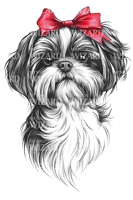 Shih Tzu Red Bow Tattoo Illustration