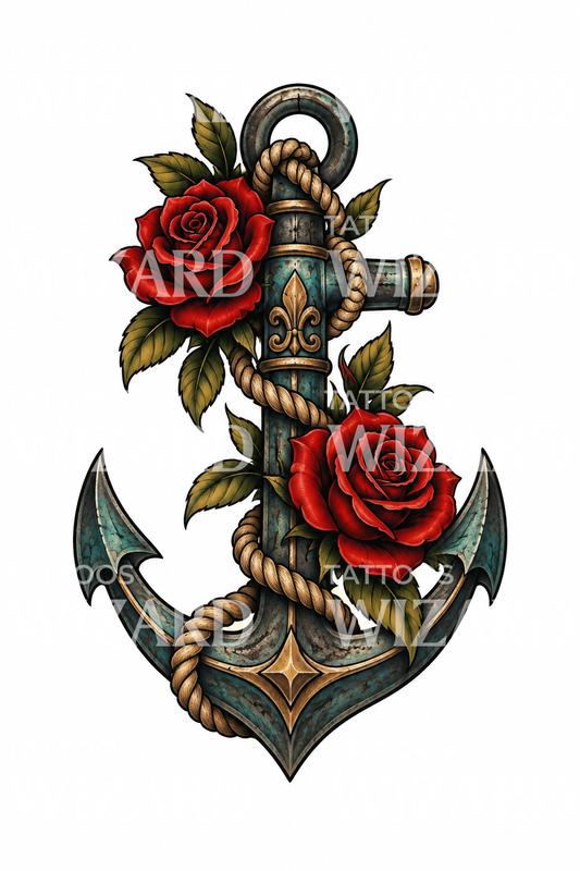 Ship Anchor with Rope and Red Roses Tattoo Idea