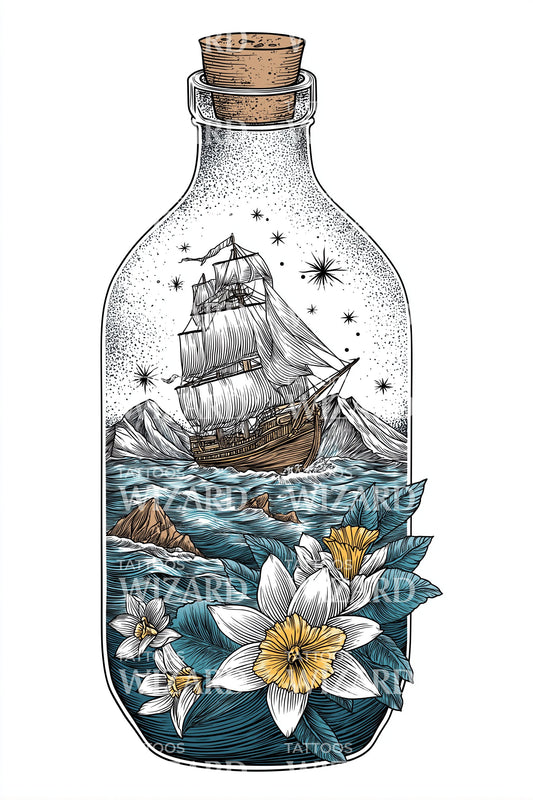 Ship-in-Bottle Bloom Tattoo Design