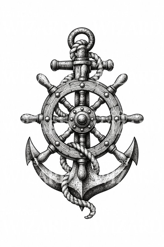 Scheepswiel en anker met touw in dotwork, tattoo