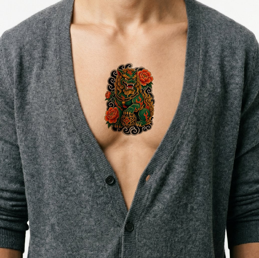 Roaring Shisa Guardian Tattoo Design